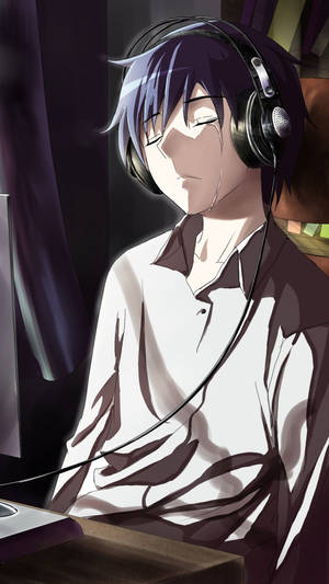 Sad Anime Boy With Headphones Aesthetic Wallpaper