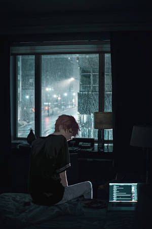 Sad Anime On Dark Room Aesthetic Wallpaper