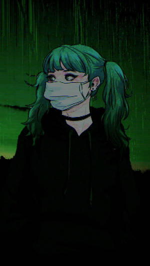 Sad Girl Aesthetic Green-haired Masked Girl Wallpaper