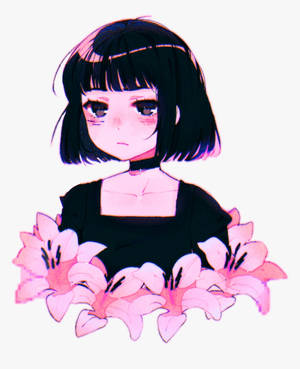 Sad Girl With Pink Flowers Aesthetic Wallpaper