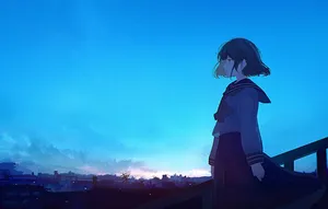 Sad Highschool Girl Anime Blue Wallpaper