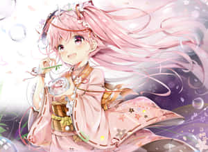 Sakura Miku In Kimono Playing With Bubbles Wallpaper