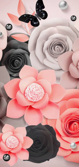 Samsung Galaxy S20 Pink And Black Paper Flowers Wallpaper