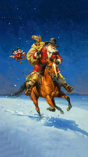 Santa Claus Riding A Horse With Gifts Wallpaper