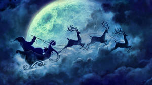 Santa Claus With Reindeers Under Full Moon Wallpaper