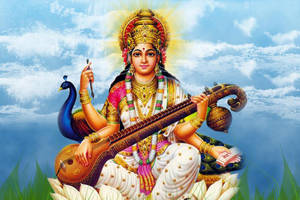 Saraswati Devi And Cloudy Sky Wallpaper
