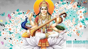 Saraswati Devi Blue Flowers Wallpaper