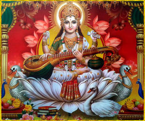 Saraswati Devi Sits Red Wallpaper