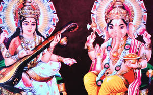 Saraswati Ganesha Painting Wallpaper