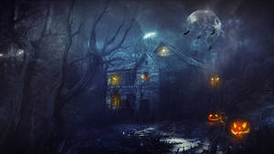 Scary Halloween Haunted House With Pumpkins Wallpaper