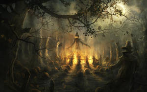 Scary Halloween Ritual In Forest Wallpaper