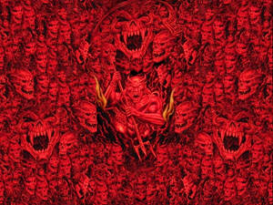 Scary Skulls In Red And A Demon Wallpaper