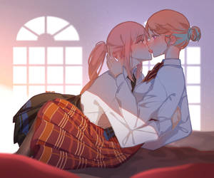 School Takamori Girls Kissing Art Wallpaper