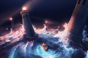 Sea Storm Near Lighthouses Art Wallpaper