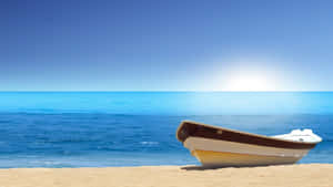 Serene Beach Sunrisewith Boat Wallpaper