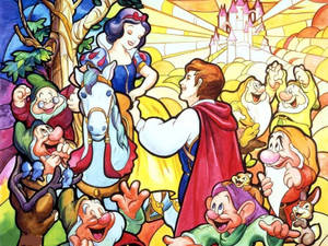 Seven Dwarfs In Window Glass Wallpaper