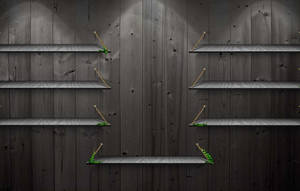 Shelf Desktop Gray Wooden Walls Wallpaper