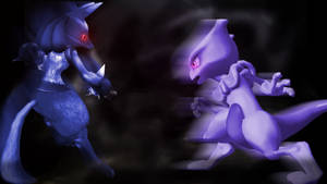 Shiny Mewtwo Attacking Lucario Wallpaper