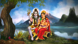 Shiv Parivar Near Lake Background Wallpaper