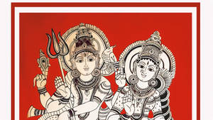 Shiv Parvati Hd Red Frame Sketch Wallpaper