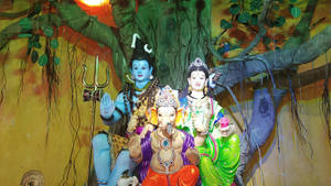 Shiv Parvati Hd Statues On Tree Wallpaper