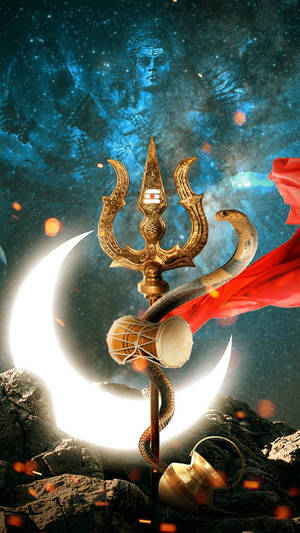 Shiva's Stylish Trident In Space Wallpaper
