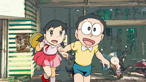 Shizuka Doraemon And Nobita Running Away Wallpaper
