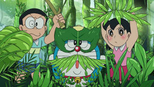 Shizuka Doraemon Nobita Camouflage Leaves Wallpaper