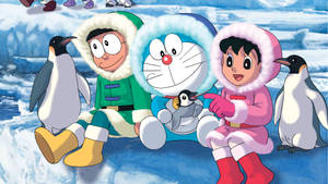 Shizuka Doraemon With Penguin Family Wallpaper