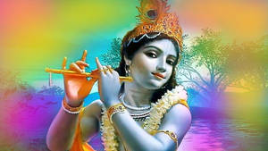 Shri Krishna Rainbow Lake Background Wallpaper