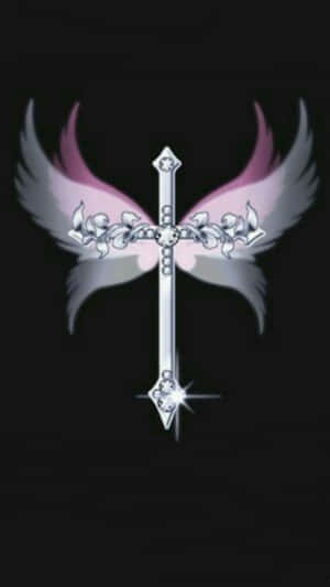 Silver Beautiful Cross With Pink Wings Wallpaper