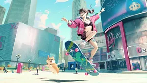 Skater Girl Aesthetic Pop Cartoon City Desktop Wallpaper