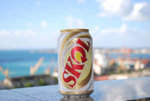 Skol Beer Can Overlooking Cityscape Wallpaper