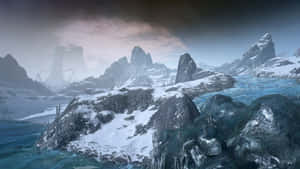 Snow-covered Rock Mountain Skyrim Landscape Wallpaper