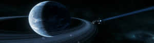 Spacecraft Orbiting Planet Rings Super Ultra Wide Wallpaper