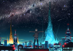 Sparkling Anime City Behind Girl Wallpaper
