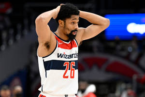 Spencer Dinwiddie Hands Up Pose Wallpaper