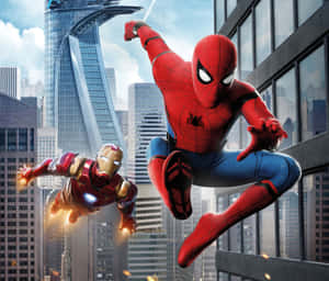 Spider - Man And Iron Man Flying In The Air Wallpaper