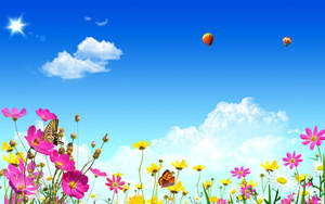 Spring Desktop Flowers And Hot Air Balloon Wallpaper