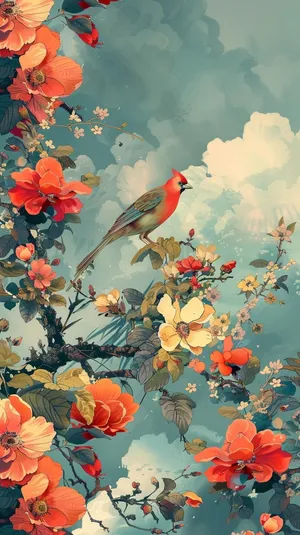 Springtime Cardinal Among Flowers.jpg Wallpaper