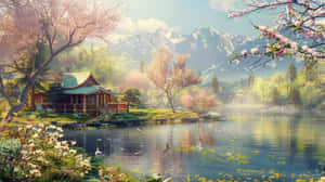 Springtime Lake Cabin Idyll Wallpaper