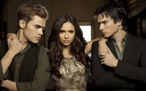 Stefan Salvatore With Elena And Damon Wallpaper