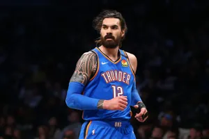 Steven Adams Oklahoma Thunder Blue Jersey Wallpaper