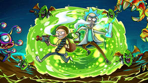 Stoned Rick And Morty Cartoon Fighting Aliens Wallpaper