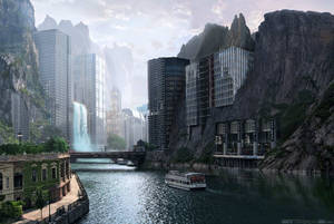 Stunning Futuristic City With Waterfall Wallpaper