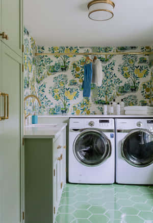 Stylish Laundry Room Interior With Washing Machines Wallpaper