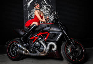 Stylish Woman Posing On Red Bike Wallpaper