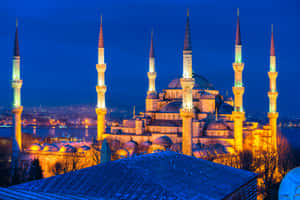 Sultan Ahmed Mosque Lighted Minarets Evening Wallpaper