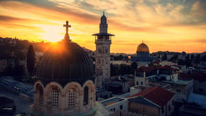 Sunset Distance Dome Of The Rock Wallpaper