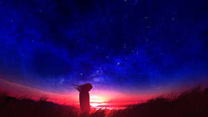 Sunset In Fields Anime Night Sky Wallpaper